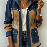 Ava navy and camel hooded jacket in Navy & Camel, front view