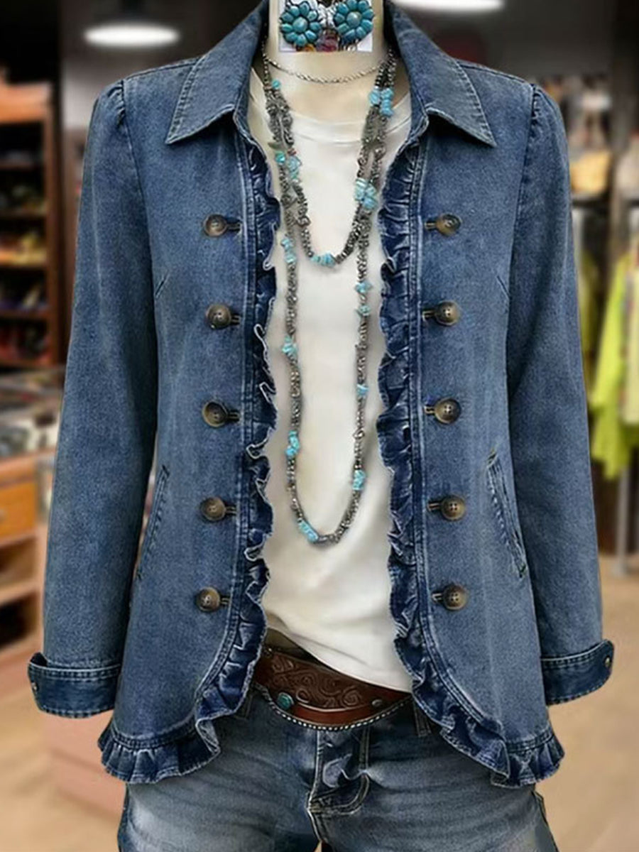Amelia blue denim ruffle jacket, view 2