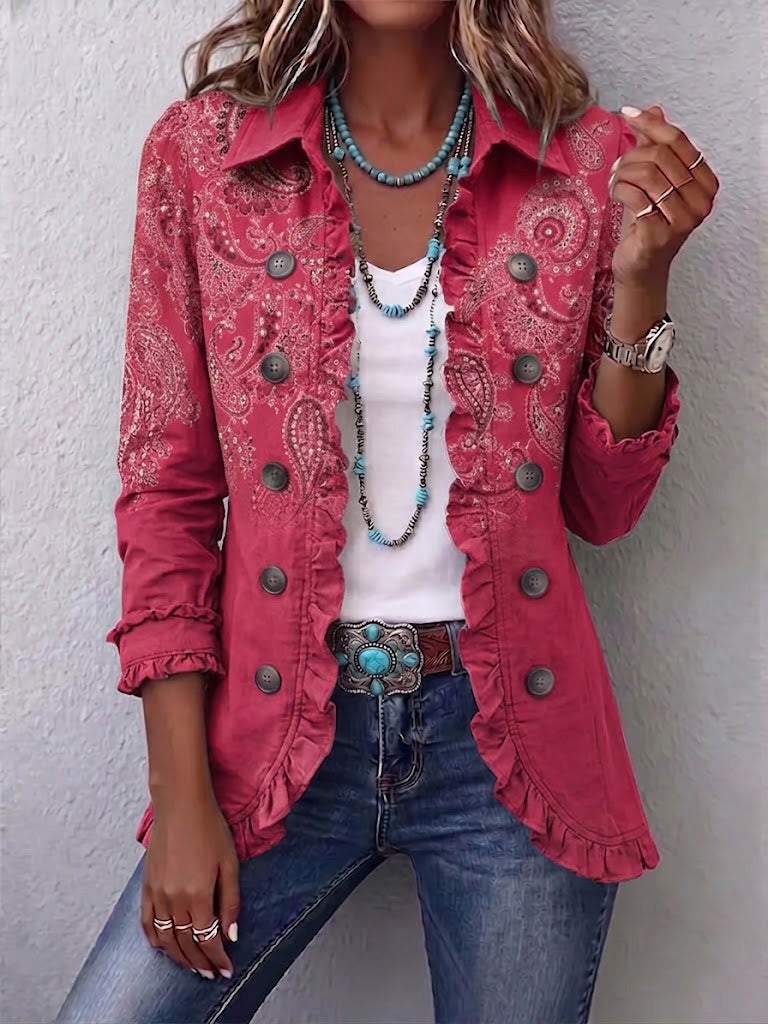 Camila raspberry paisley ruffle jacket in Rose Pink, front view