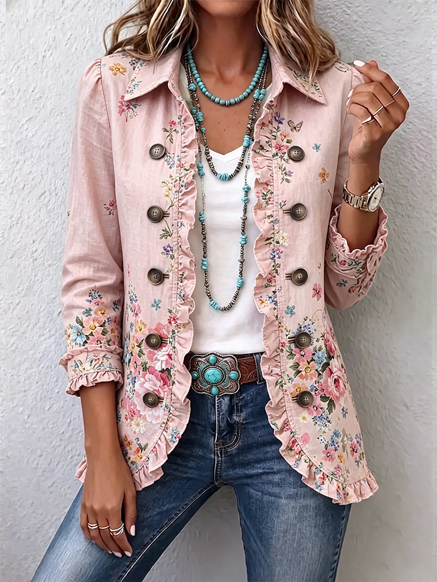 Ella blush pink floral ruffle jacket, front view