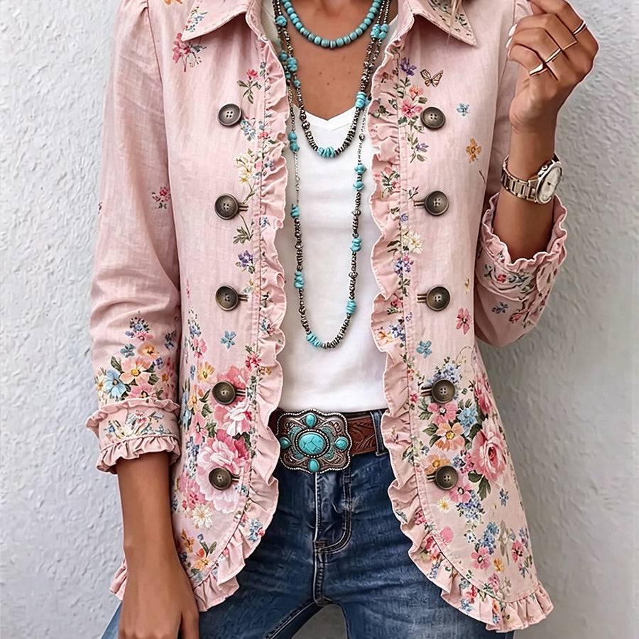 Ella blush pink floral ruffle jacket, front view