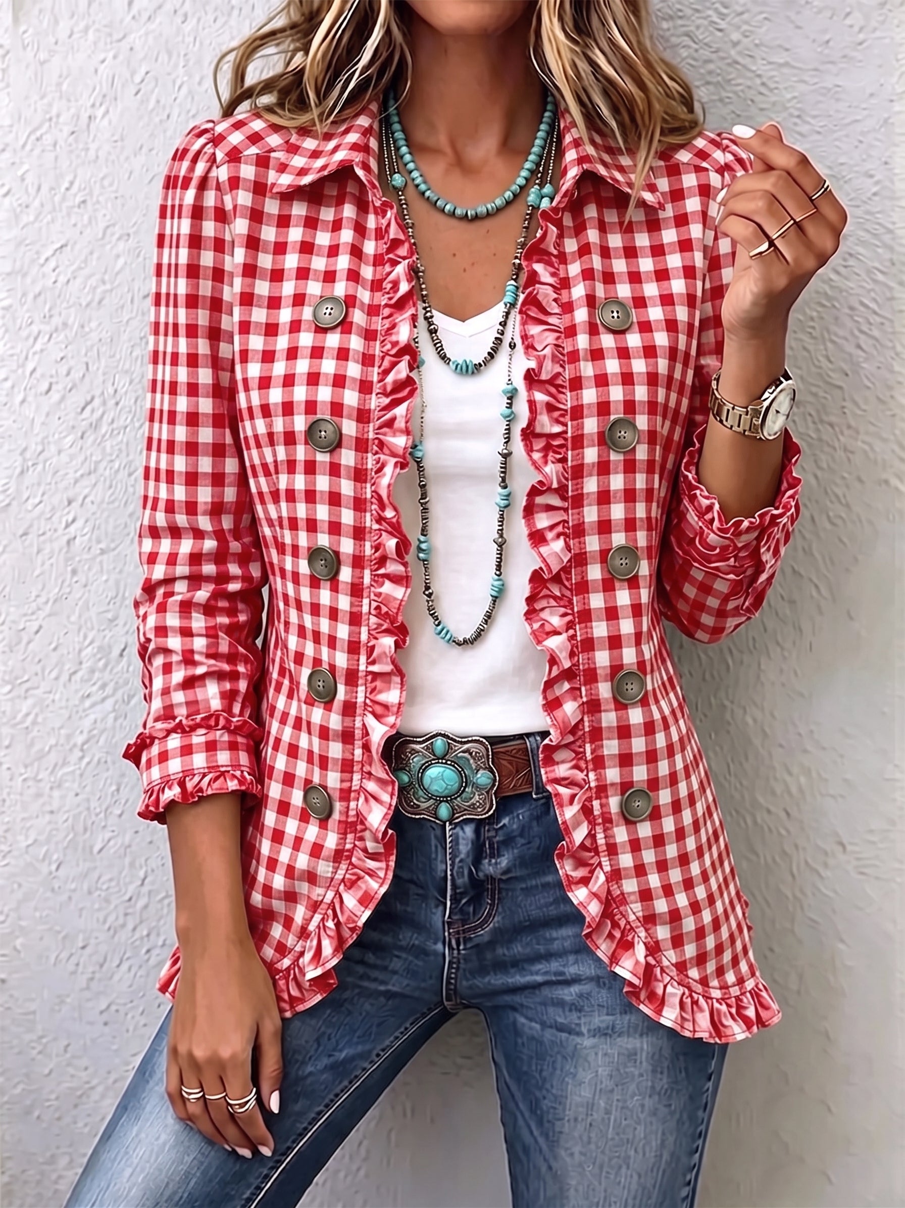Evelyn gingham ruffle jacket in Red, view 3