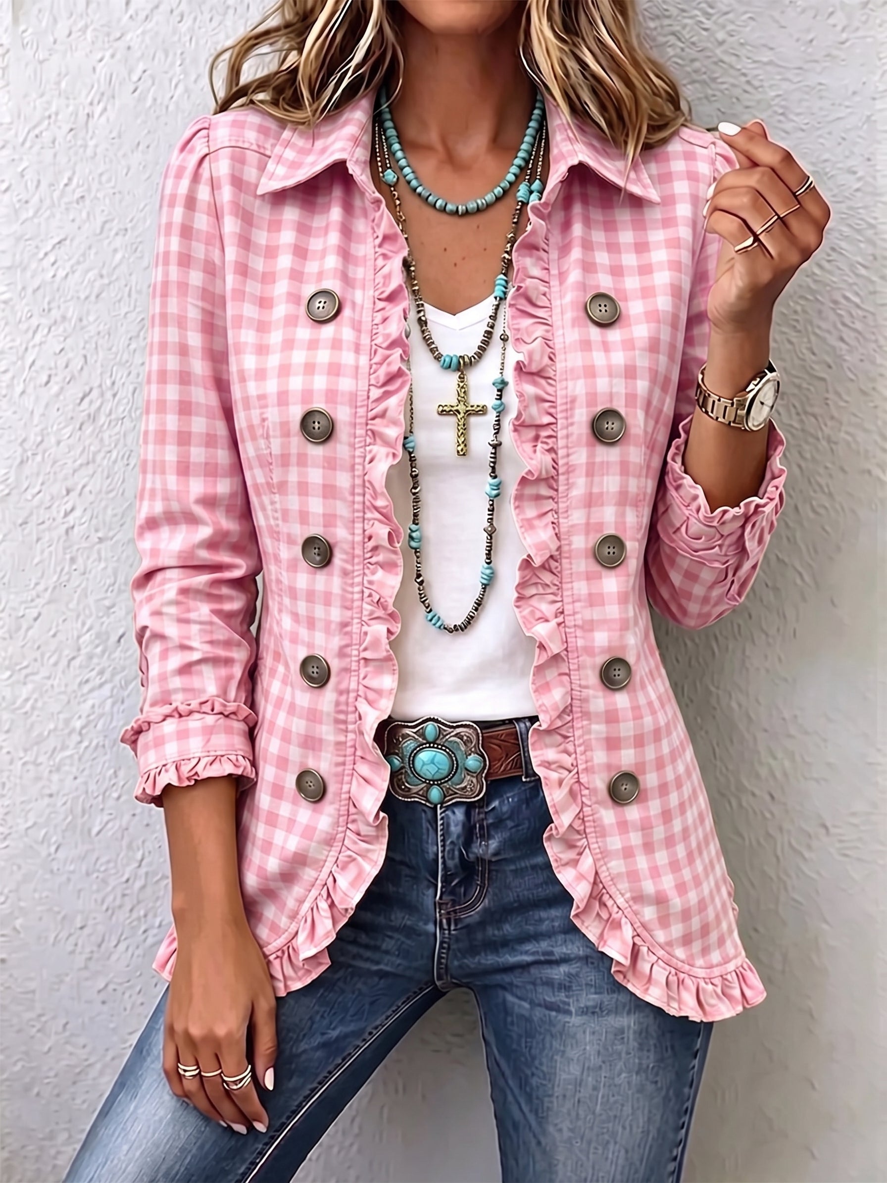 Evelyn gingham ruffle jacket in Pink, view 6