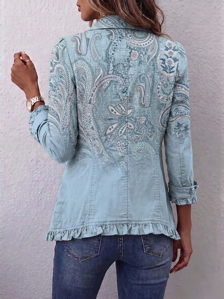 Isabella pale blue paisley ruffle jacket, view 2