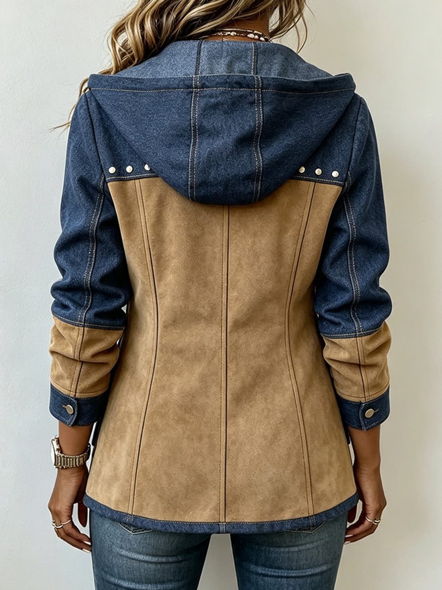 Ava navy and camel hooded jacket, view 2