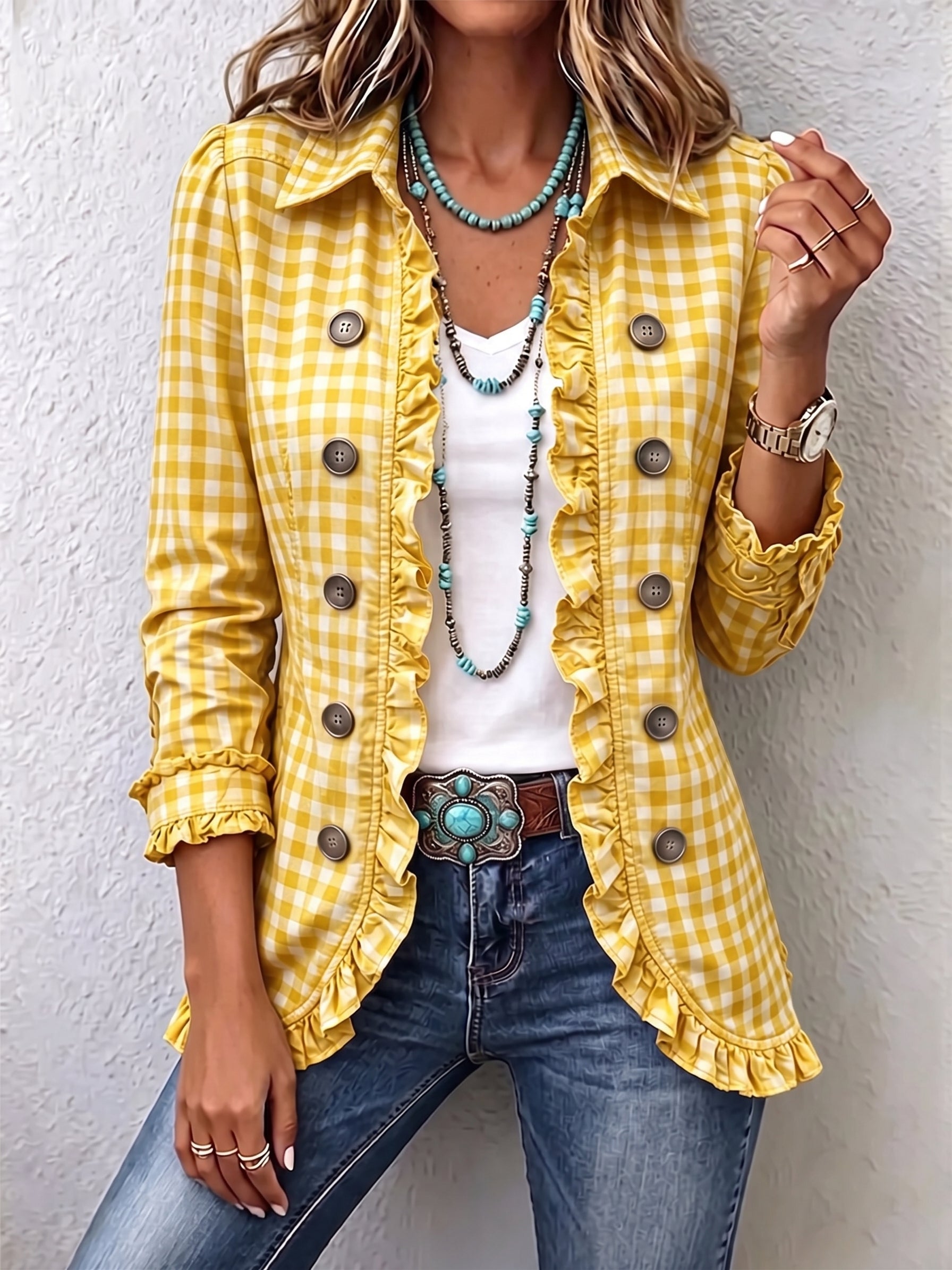 Evelyn gingham ruffle jacket in Yellow, view 5