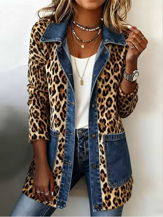 Nora leopard and denim longline jacket, view 2