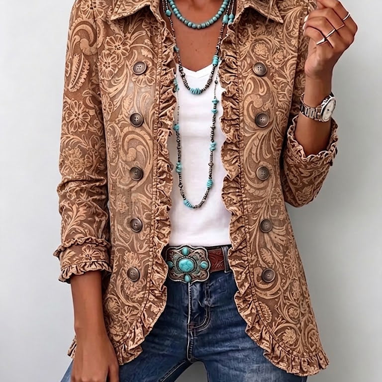 Madison caramel tooled print ruffle jacket in Brown, front view