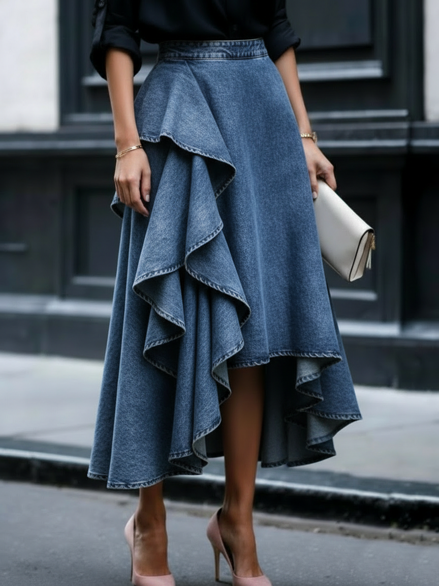 Layered ruffle denim skirt, view 2