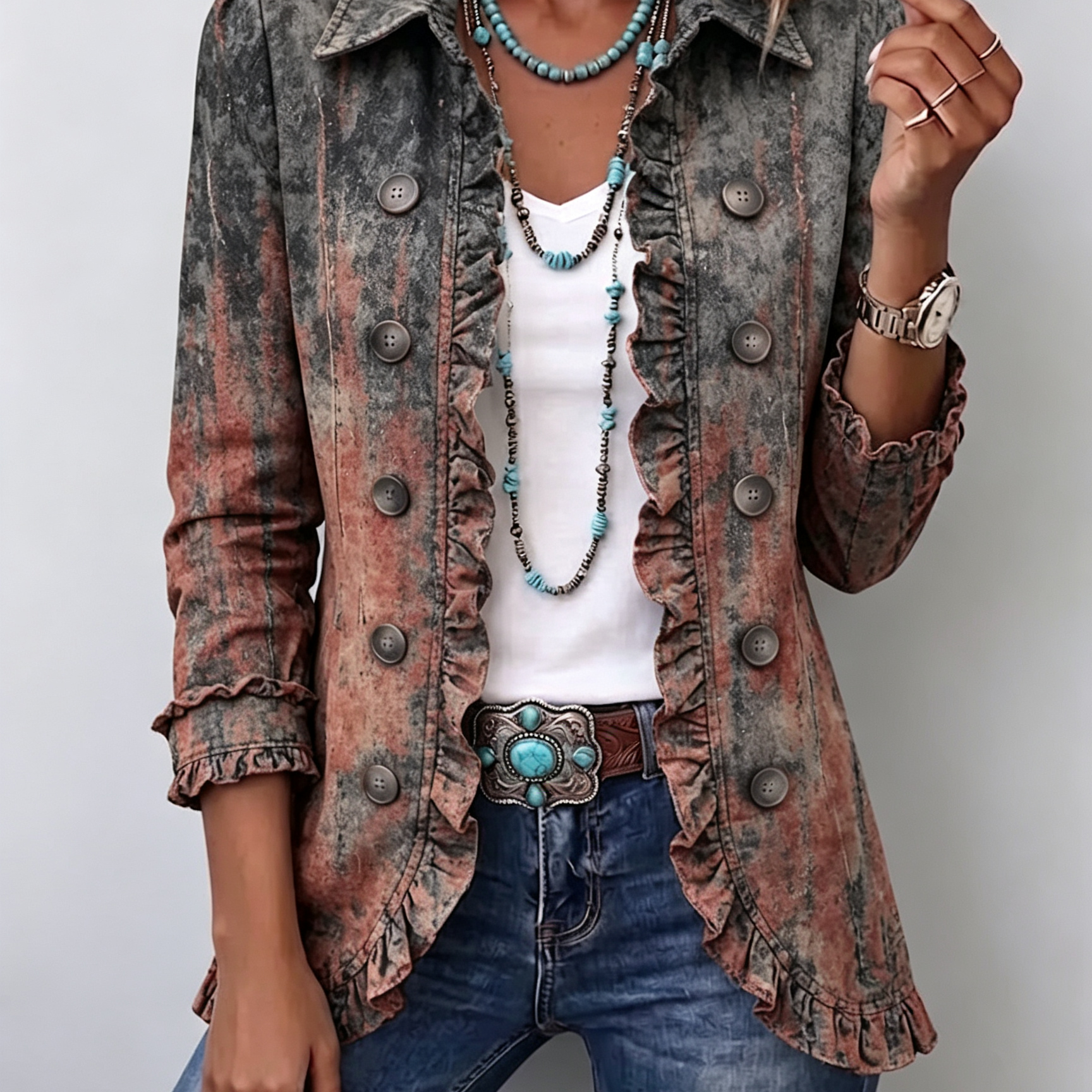 Zoey sage and rust ruffle jacket in Desert Wash, front view
