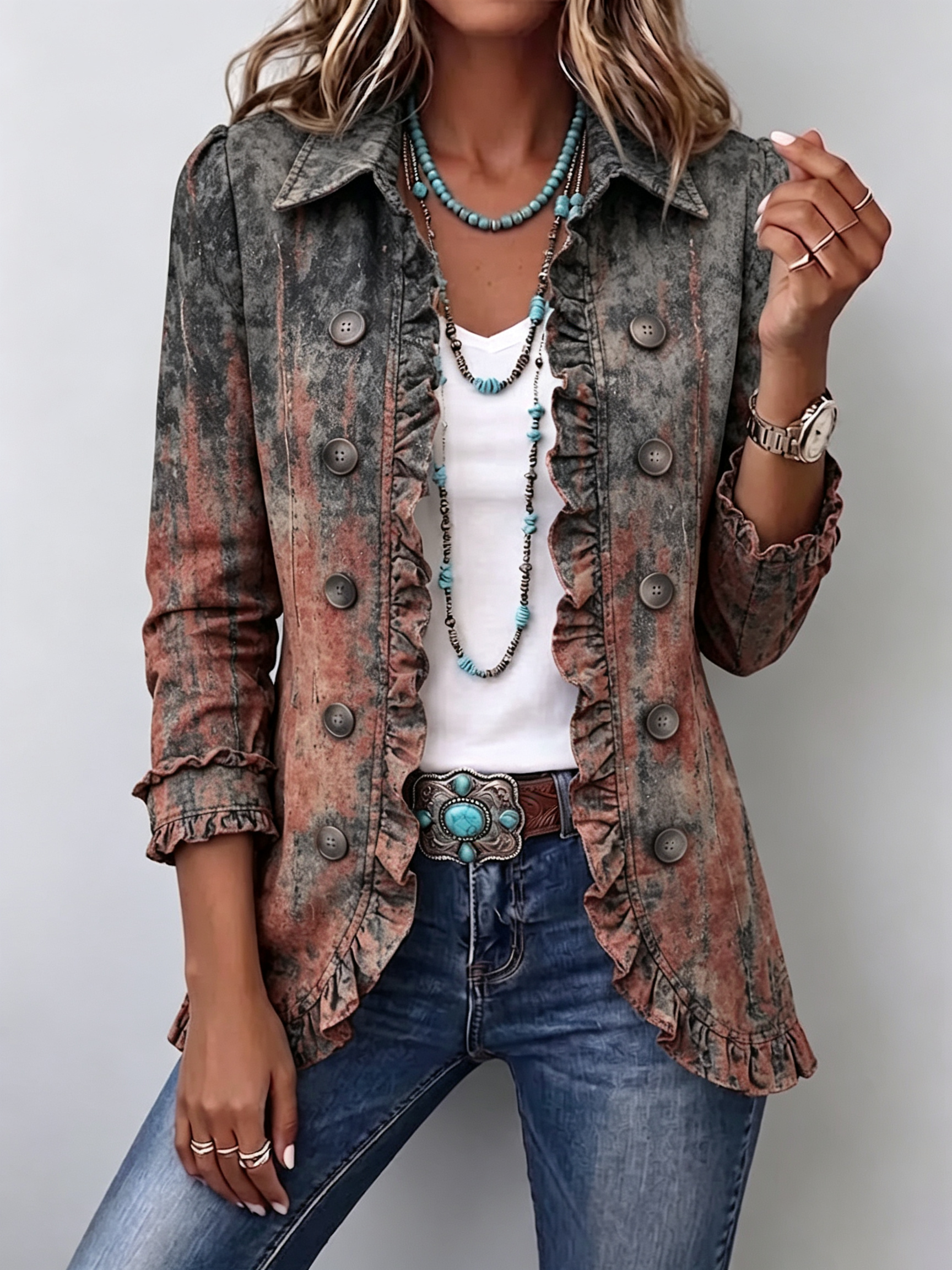 Zoey sage and rust ruffle jacket in Desert Wash, front view