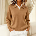 Jackie collared V neck jumper in Khaki, front view