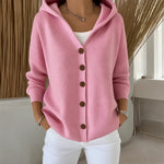 Joanne hooded button up knit cardigan in Pink, front view