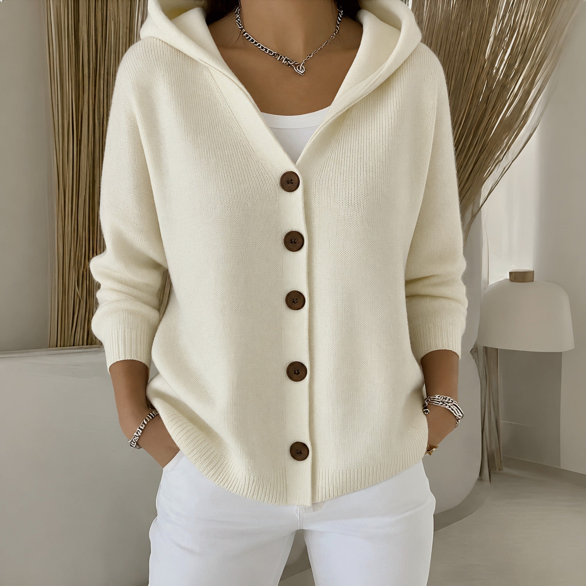 Joanne hooded button up knit cardigan in Beige, view 2