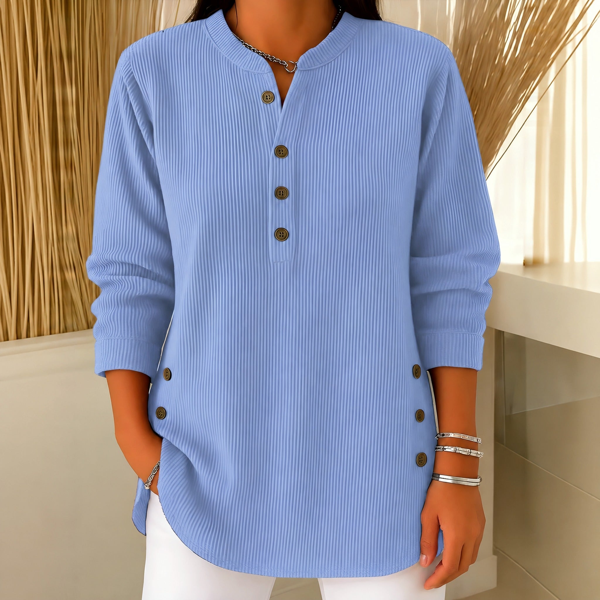 Judy button henley tunic jumper in Sky Blue, front view