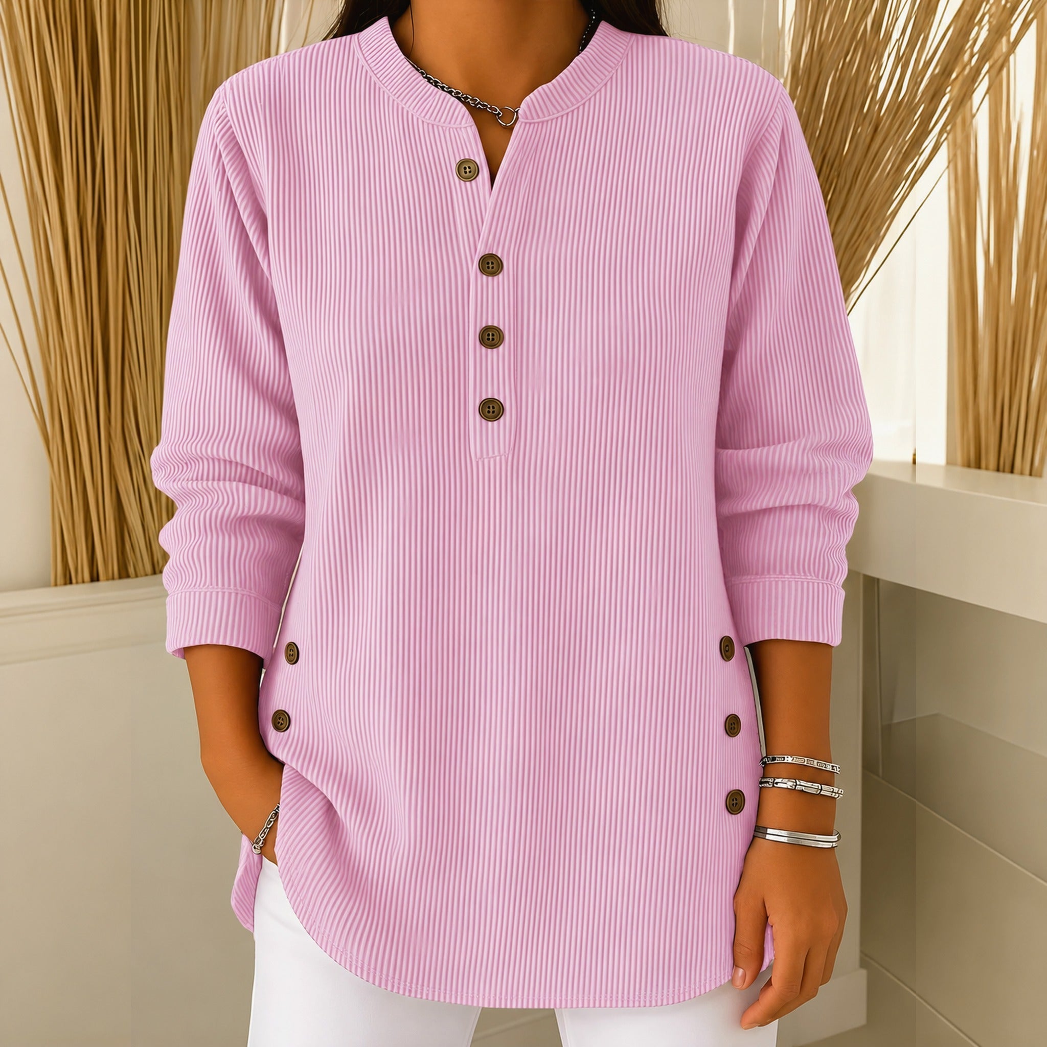 Judy button henley tunic jumper in Soft Pink, view 2