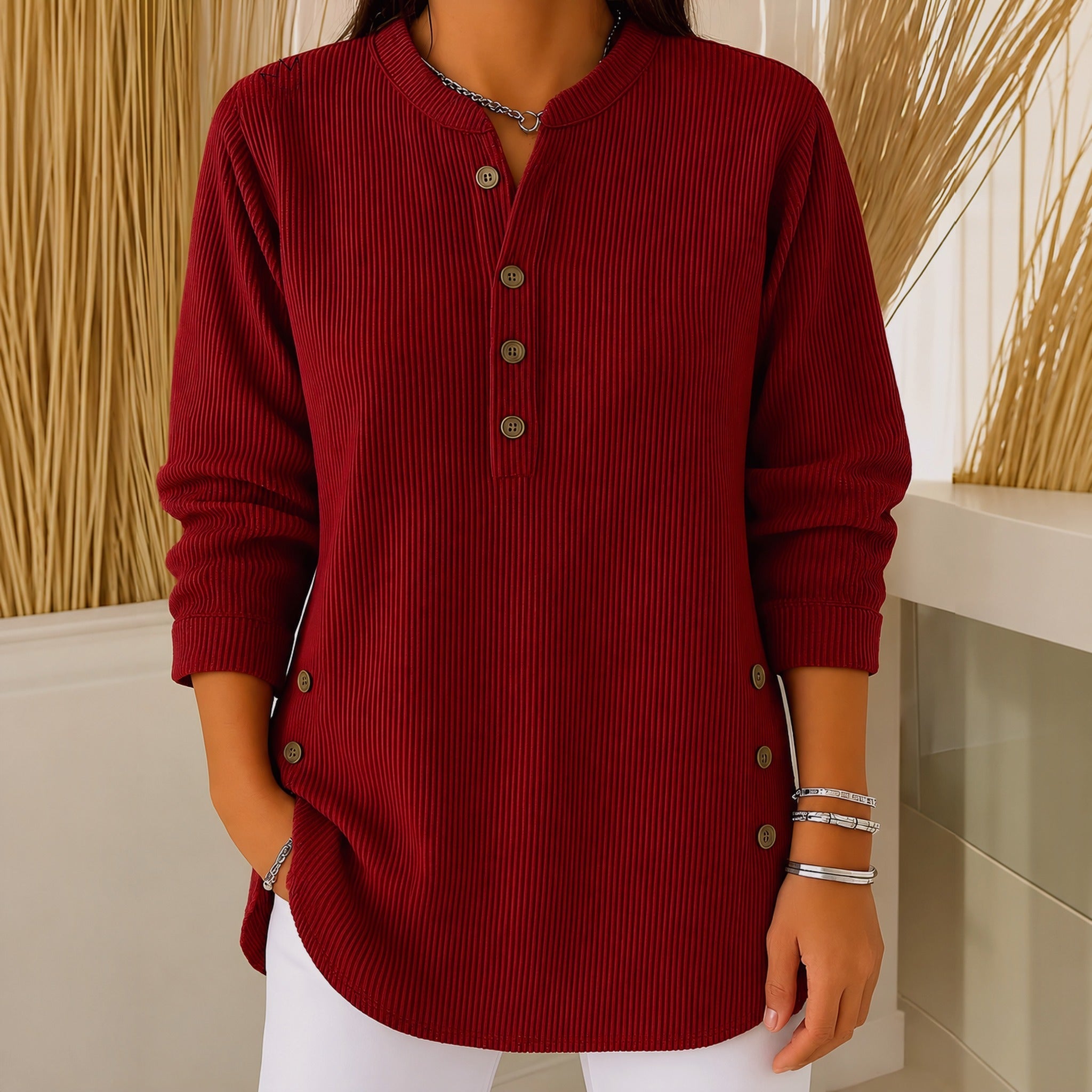 Judy button henley tunic jumper in Burgundy, view 3