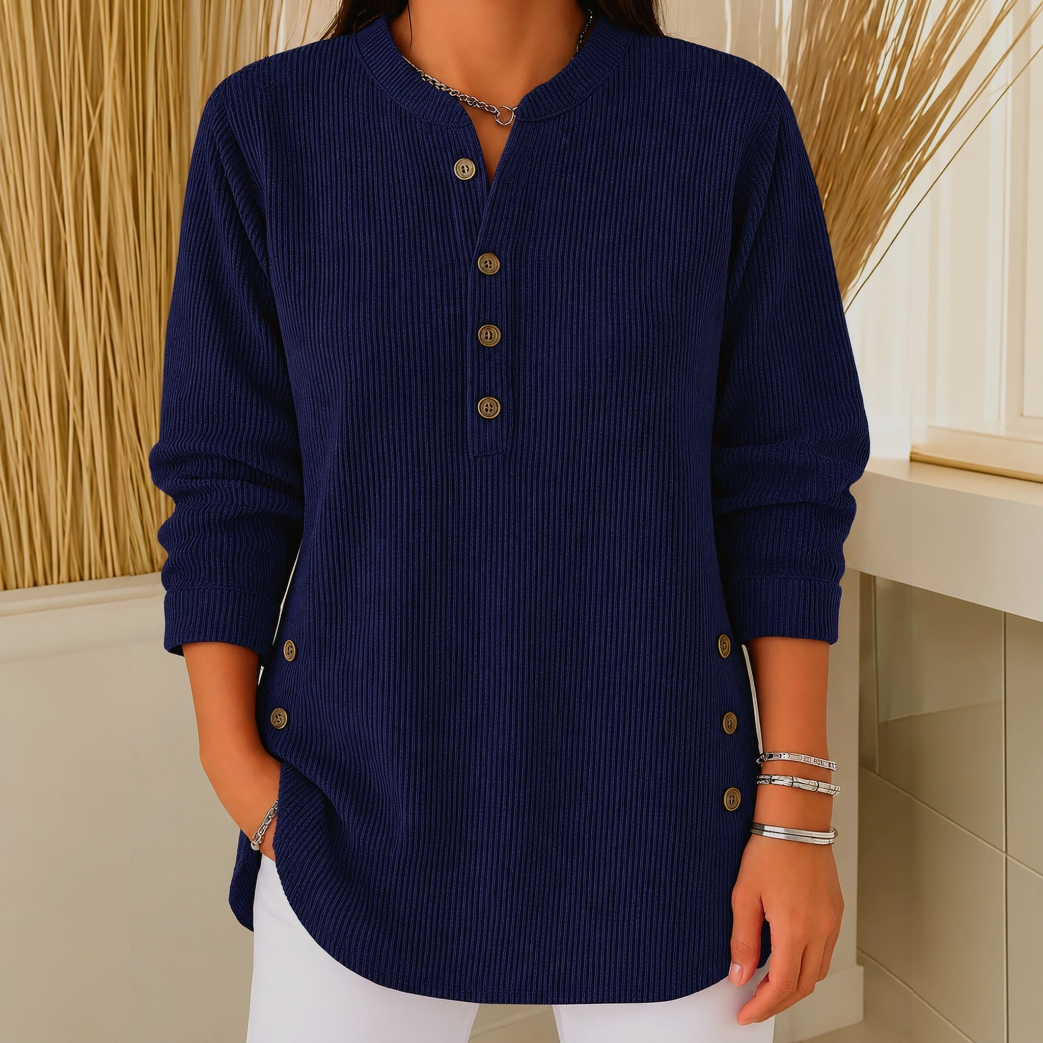 Judy button henley tunic jumper in Navy, view 4