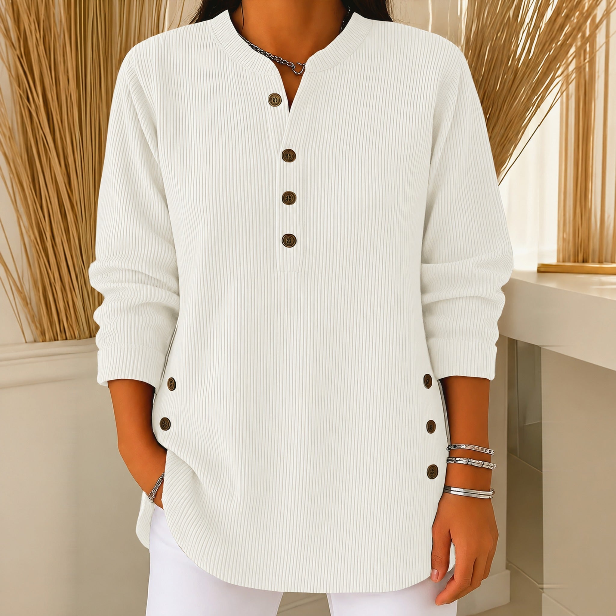 Judy button henley tunic jumper in White, view 5
