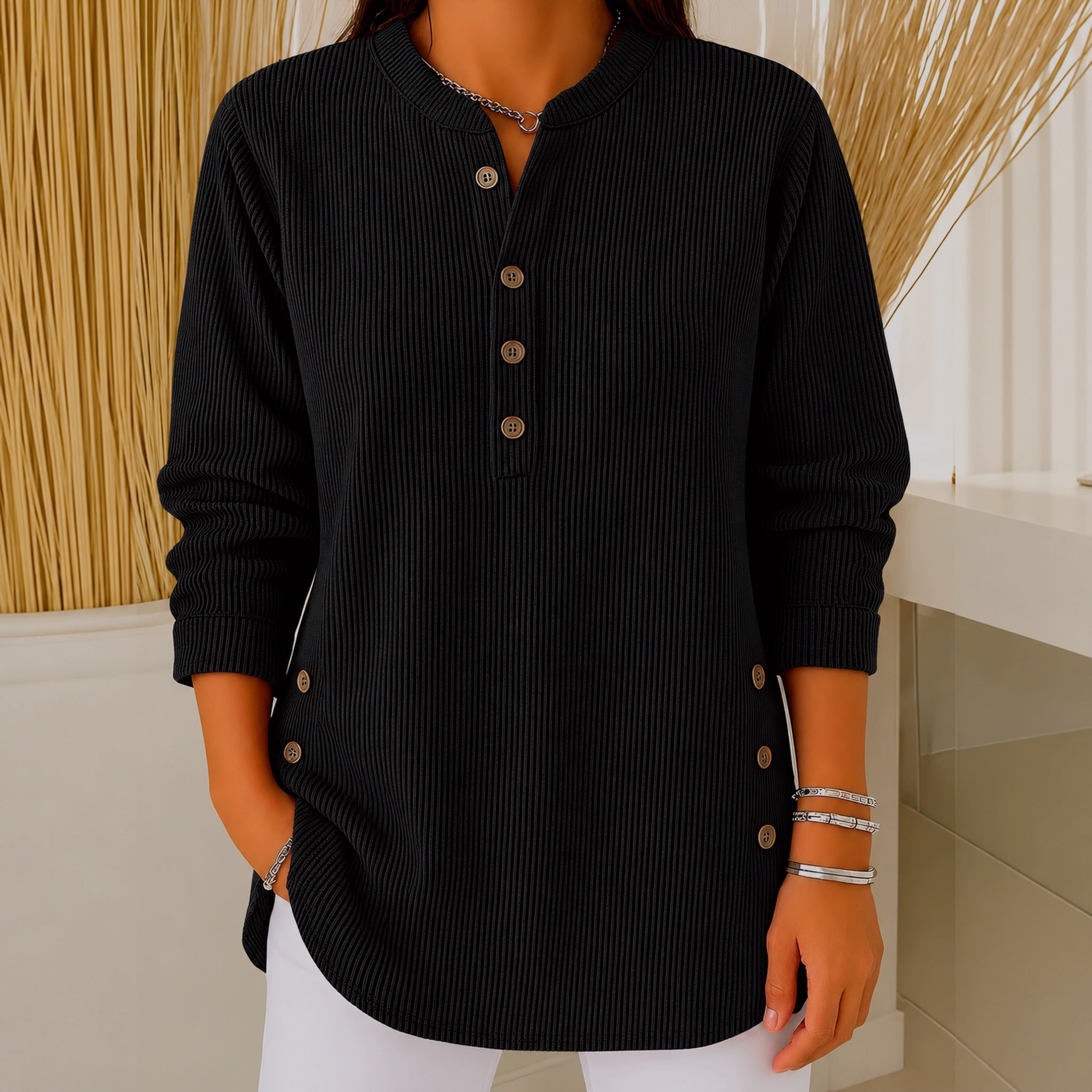 Judy button henley tunic jumper in Black, view 6