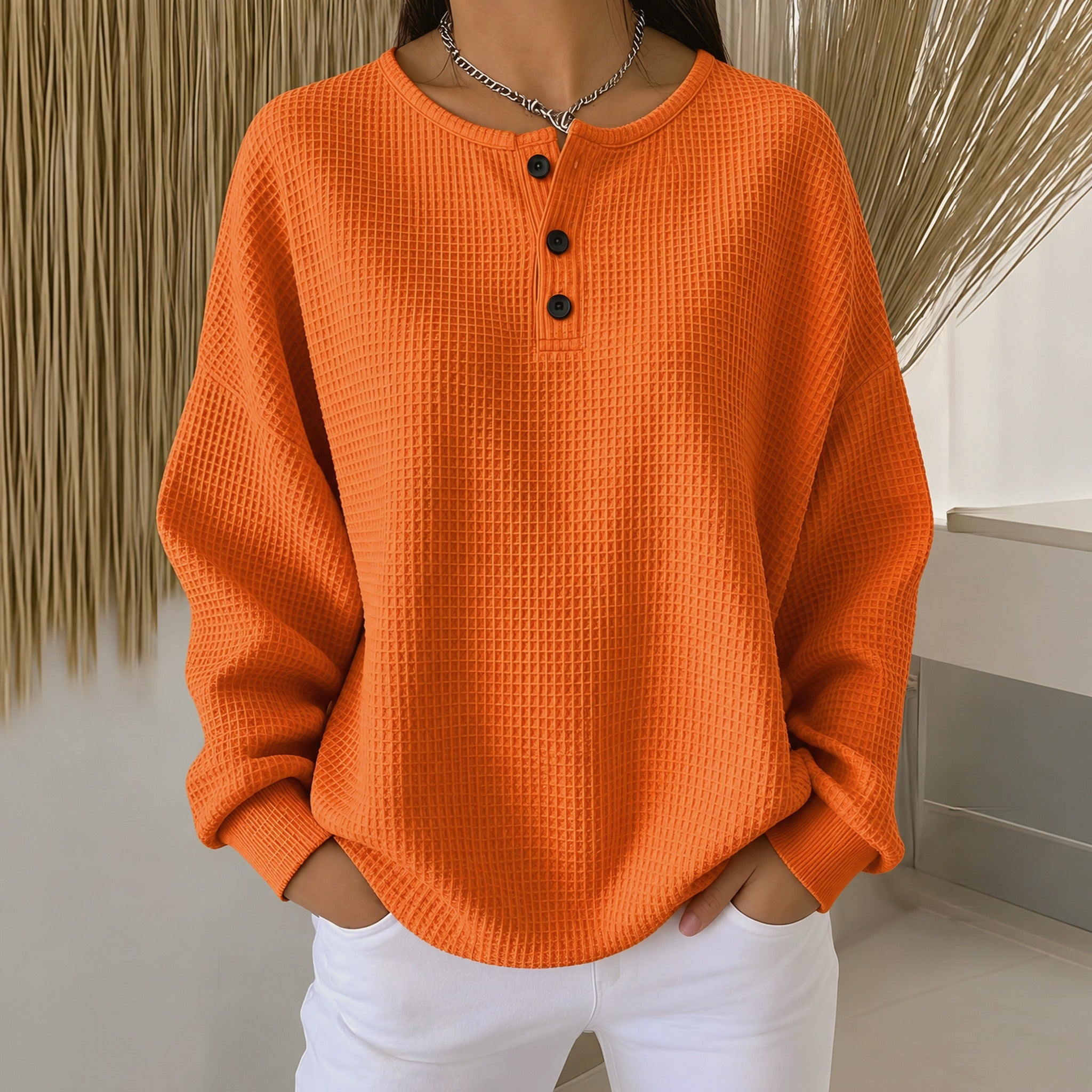Kim waffle henley sweatshirt in Orange, front view