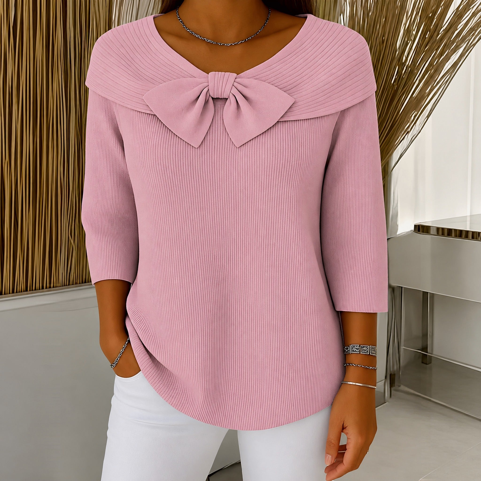 Laurie bow neck ribbed jumper in Pink, view 2