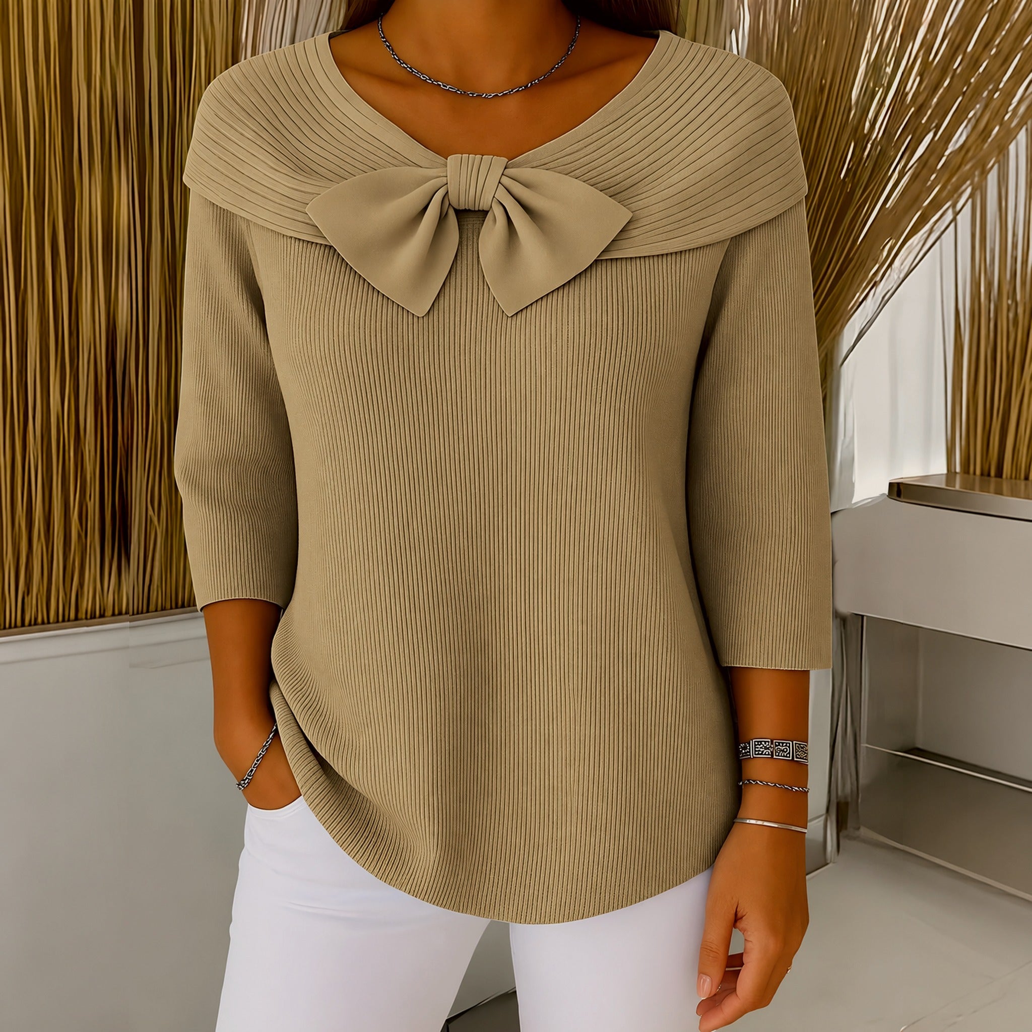Laurie bow neck ribbed jumper in Khaki, view 3
