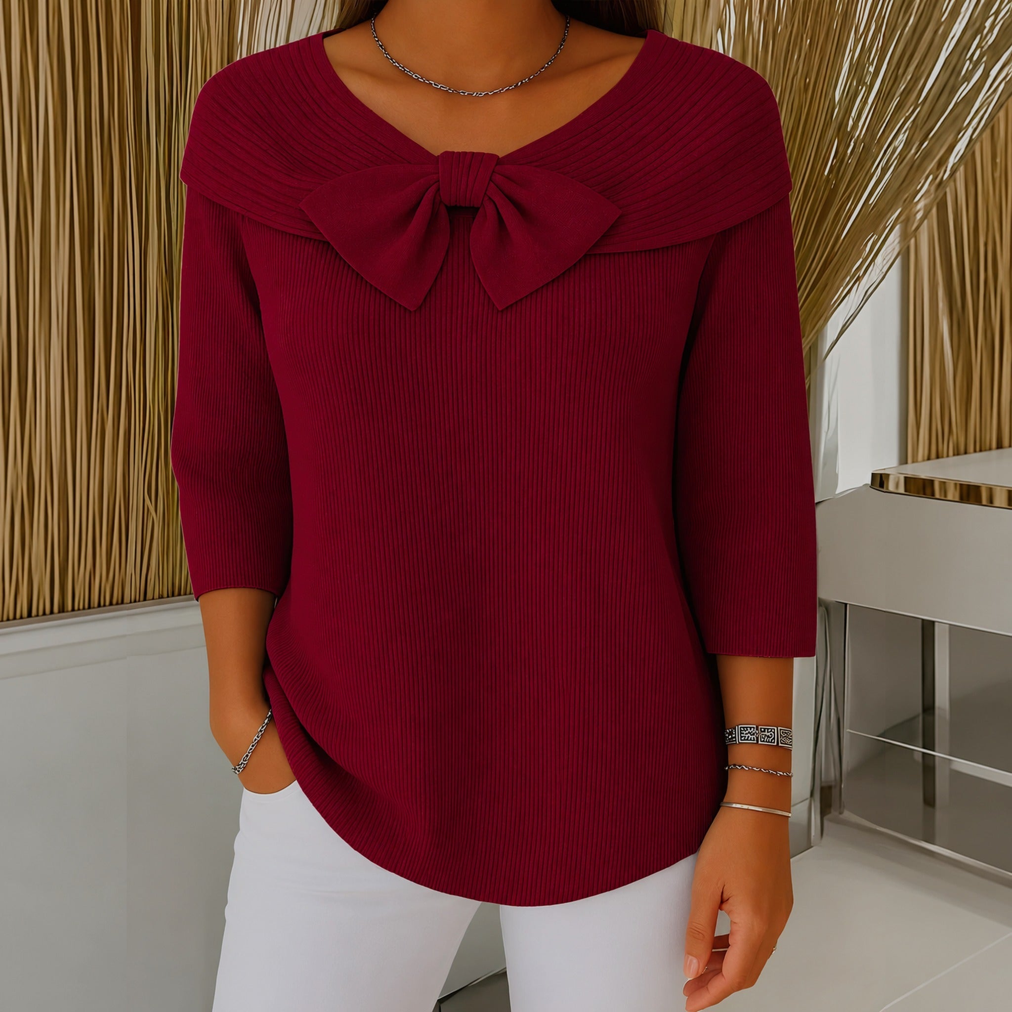 Laurie bow neck ribbed jumper in Red, view 4