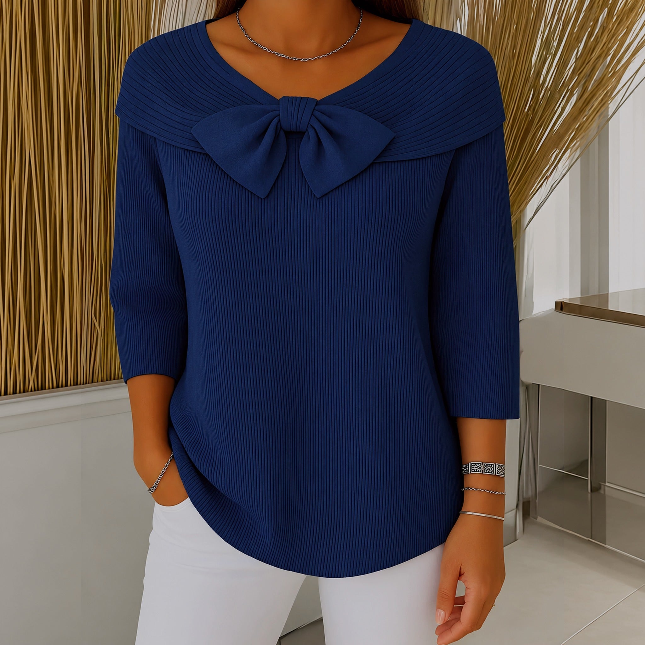Laurie bow neck ribbed jumper in Dark Blue, view 5