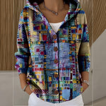 Louise hooded print button cardigan in Purple, front view