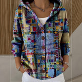 Louise hooded print button cardigan in Purple, front view