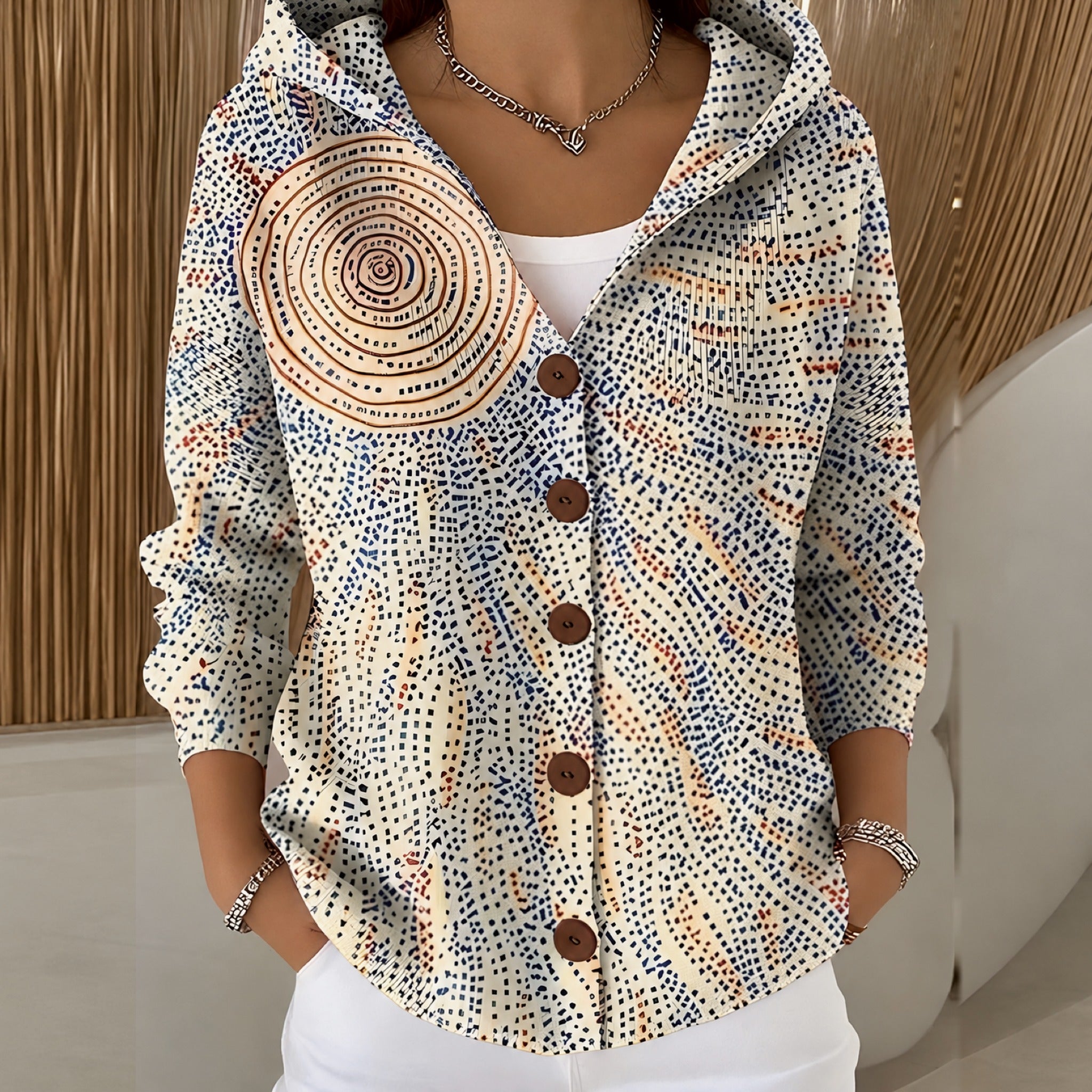 Louise hooded print button cardigan in Light Yellow, view 7