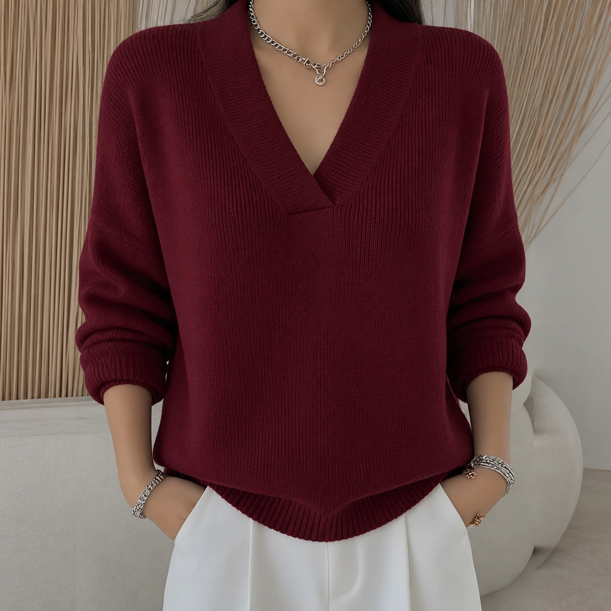 Mandy relaxed V neck jumper in Wine Red, front view
