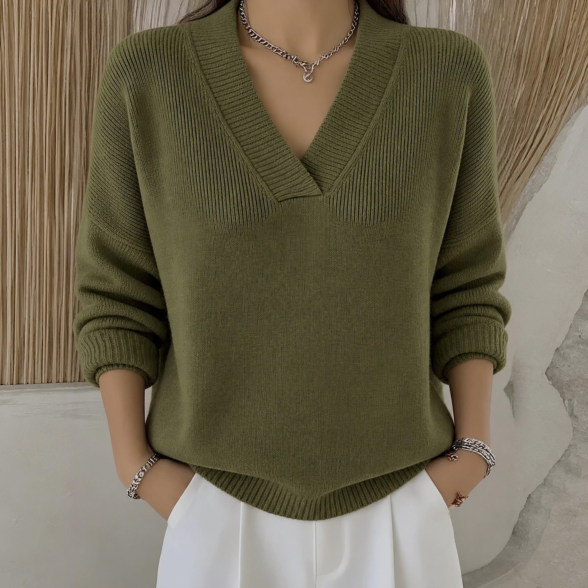Mandy relaxed V neck jumper in Olive Green, view 3