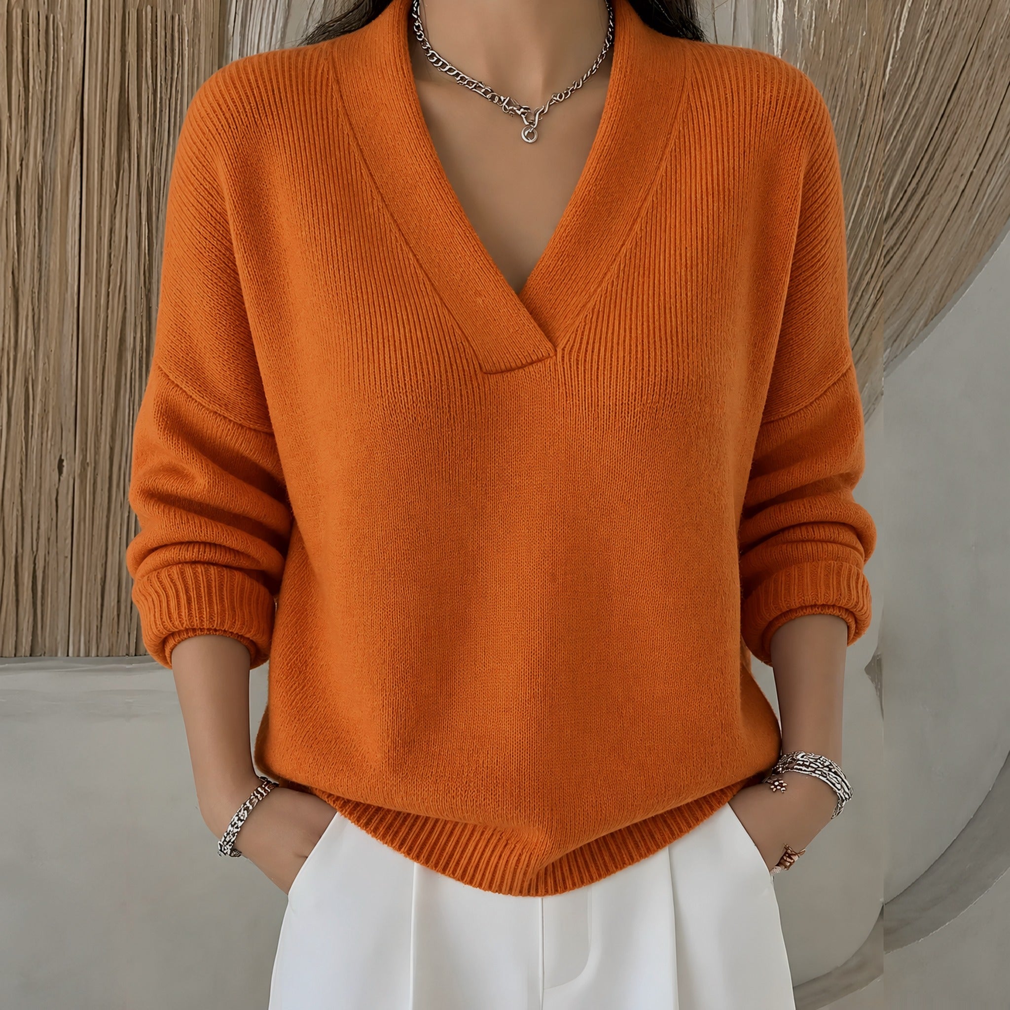Mandy relaxed V neck jumper in Orange, view 5