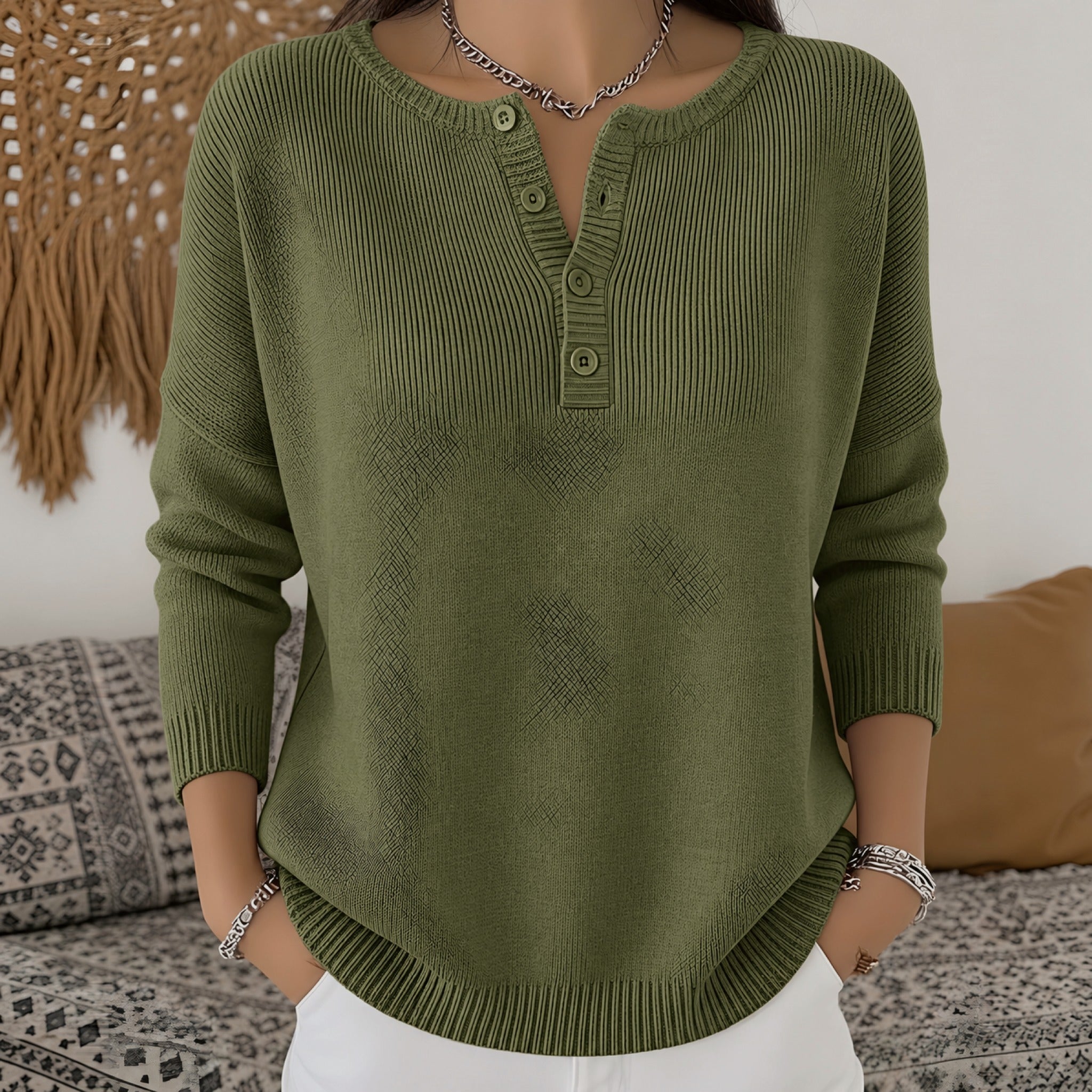 Marion henley button up knit jumper in Olive Green, front view