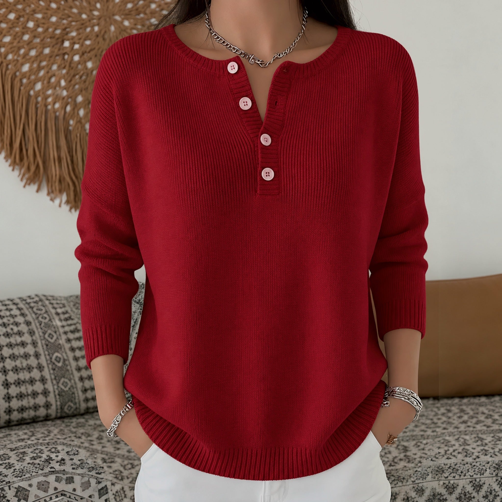 Marion henley button up knit jumper in Deep Red, view 3