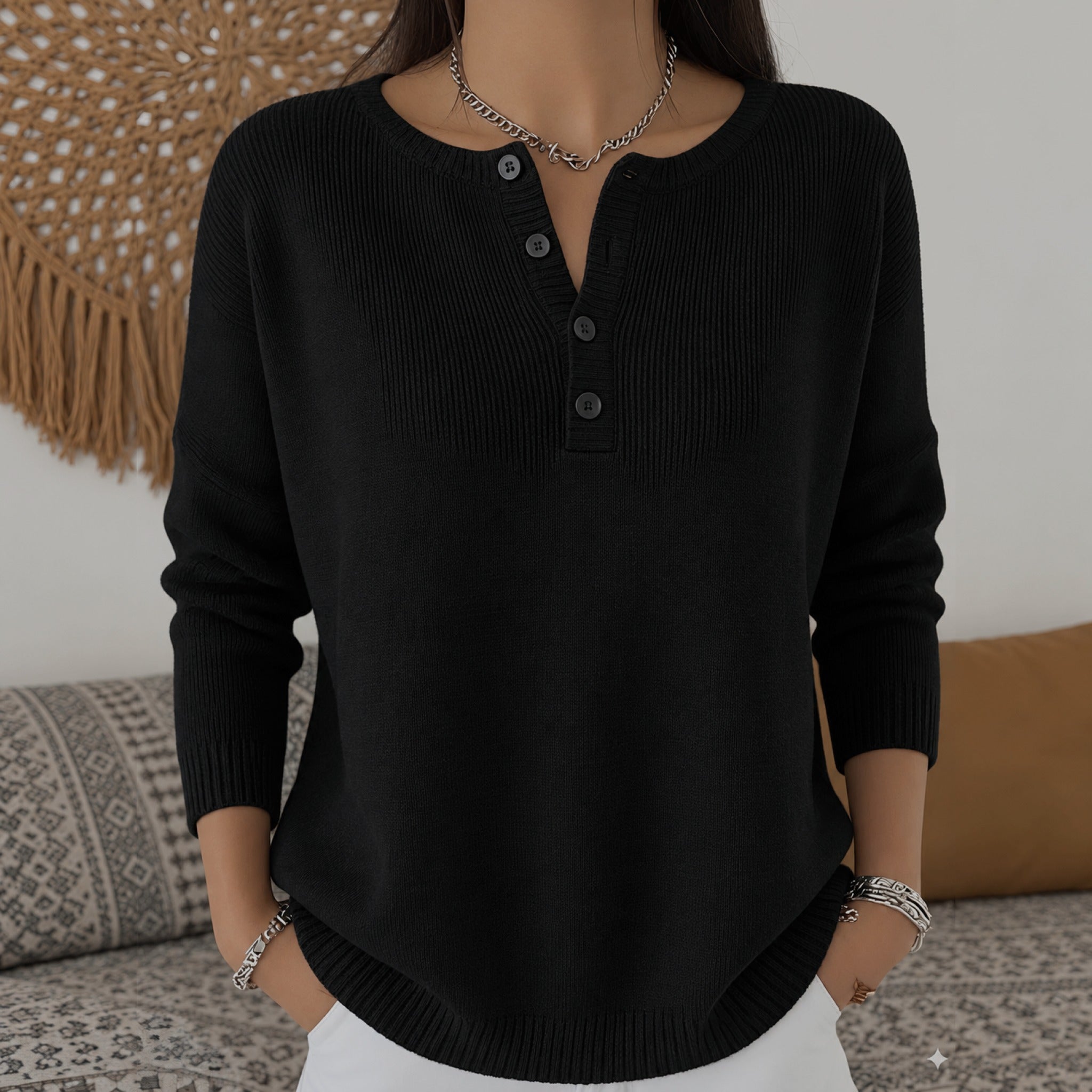 Marion henley button up knit jumper in Black, view 4