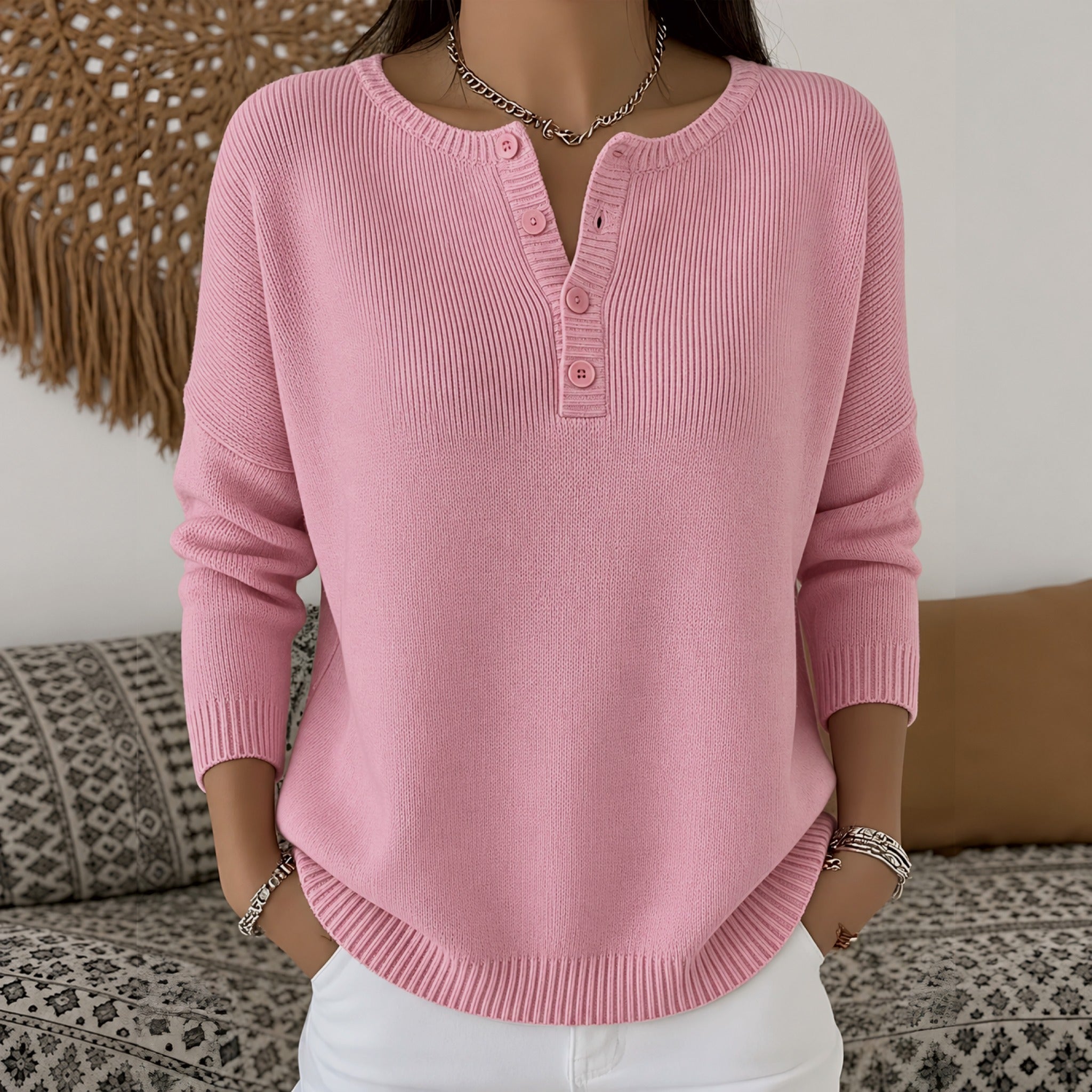 Marion henley button up knit jumper in Light Pink, view 5