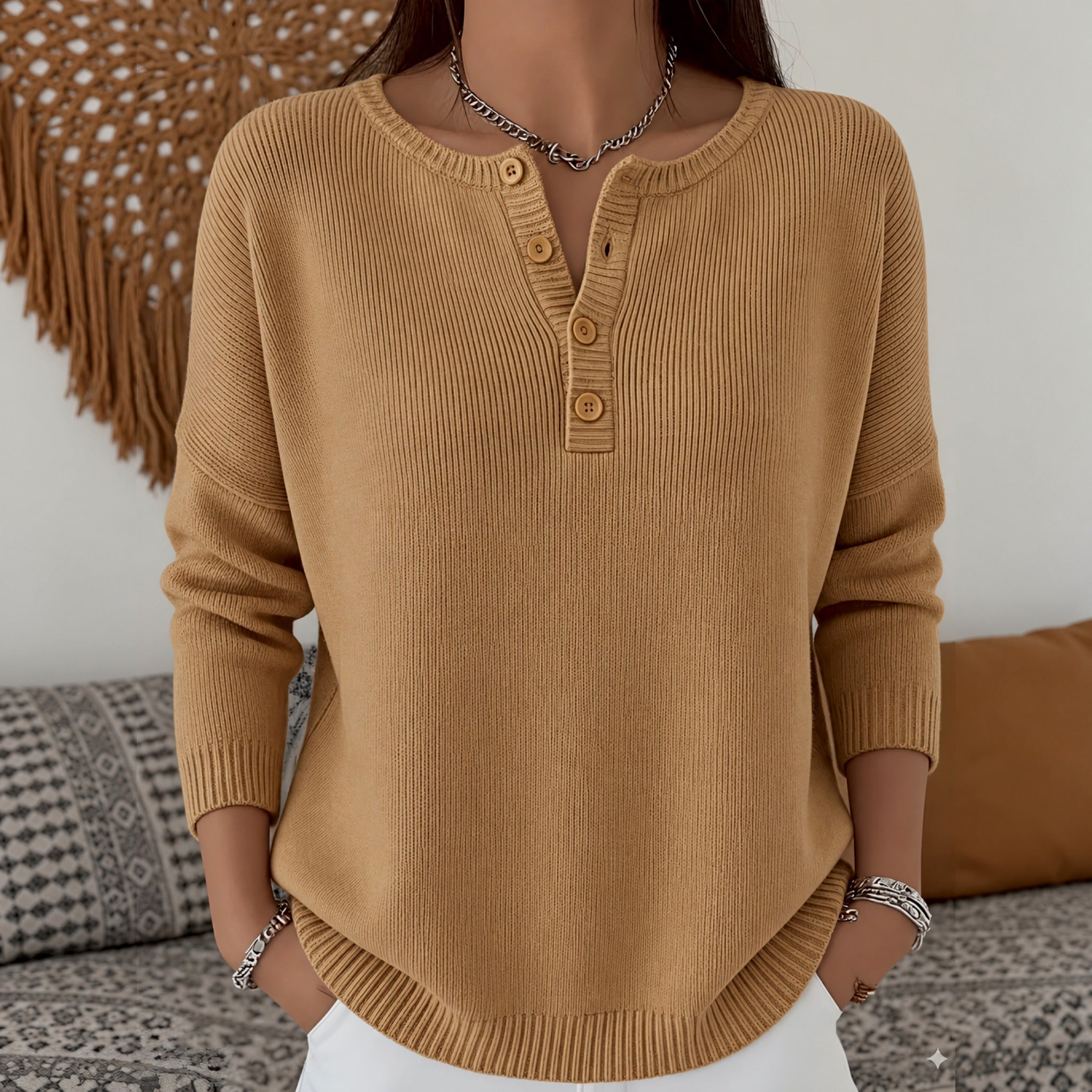 Marion henley button up knit jumper in Camel, view 7