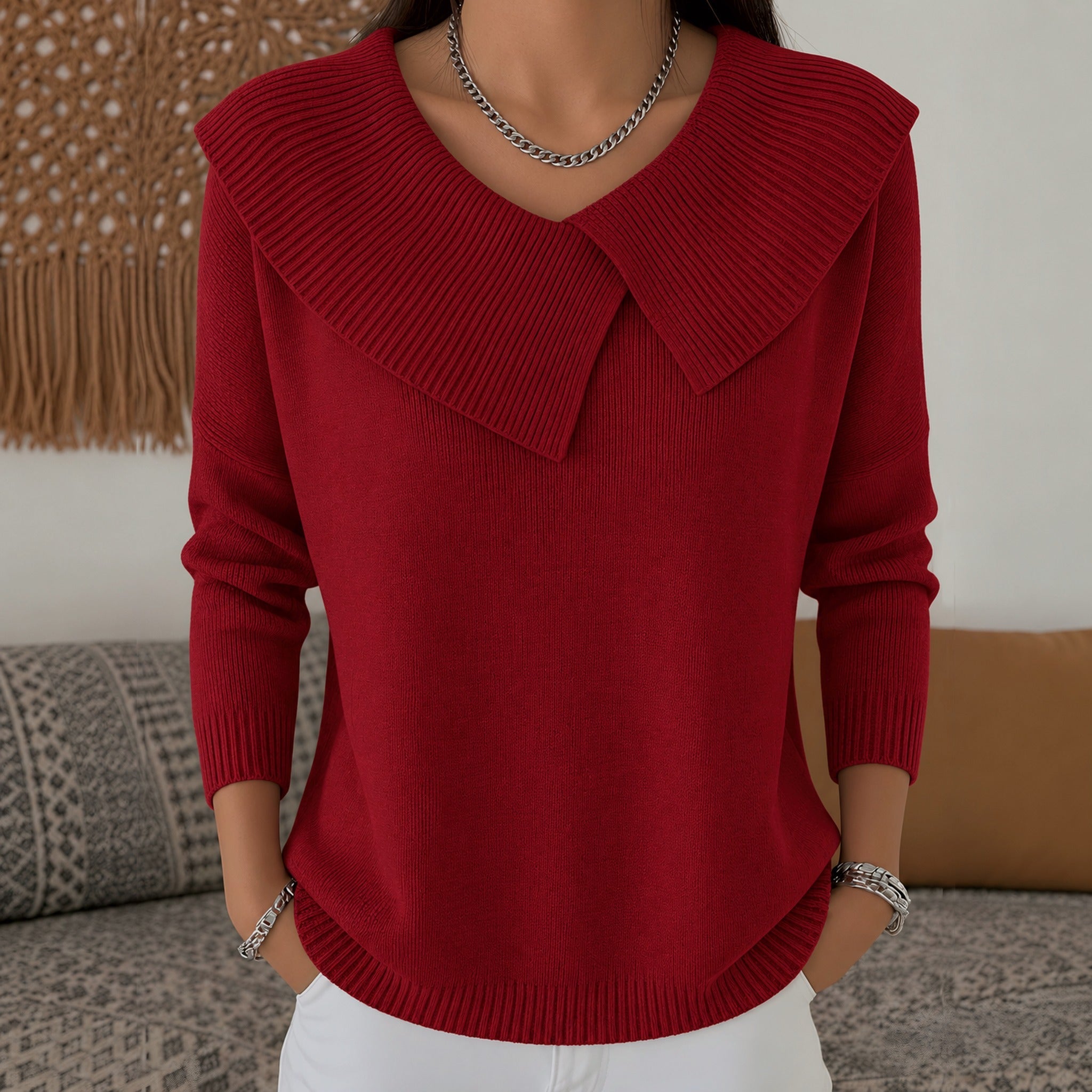 Meg wide collar knit jumper in Red, view 2