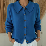 Molly point collar button cardigan in Blue, front view