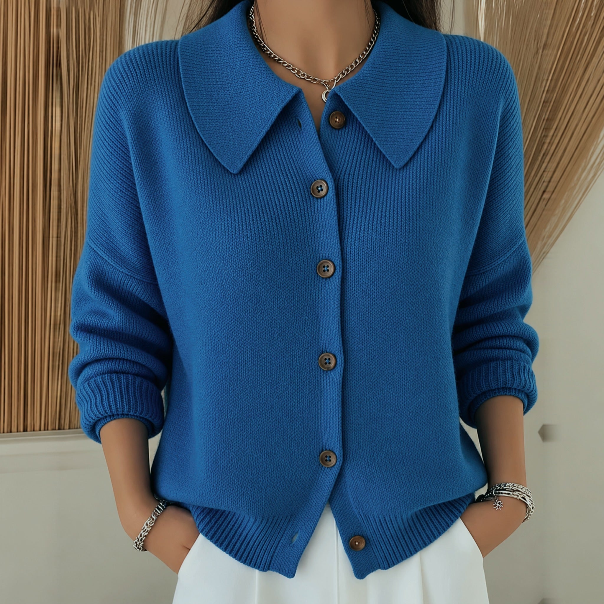 Molly point collar button cardigan in Blue, front view