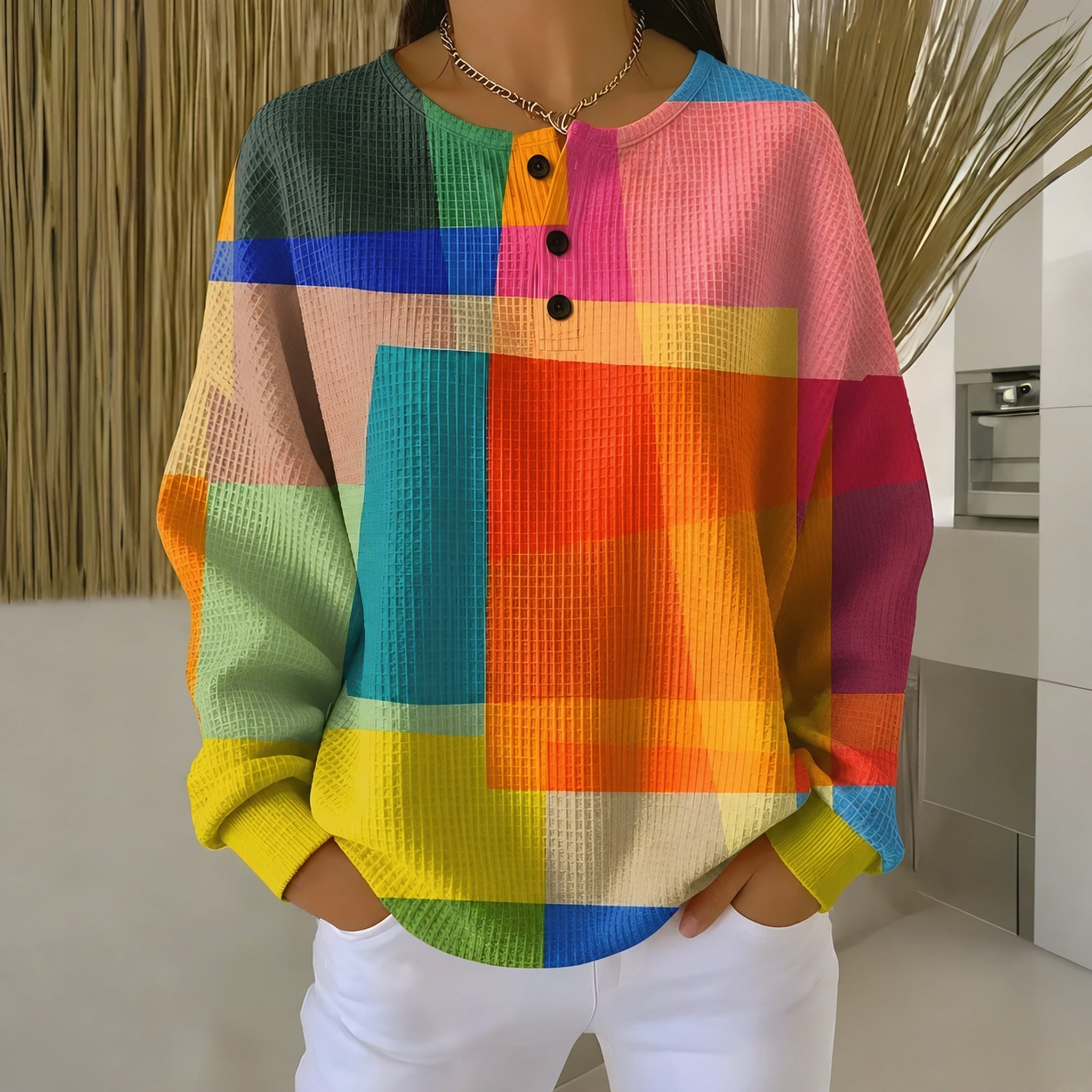 Pam waffle knit colour block jumper in Multicolour, view 2