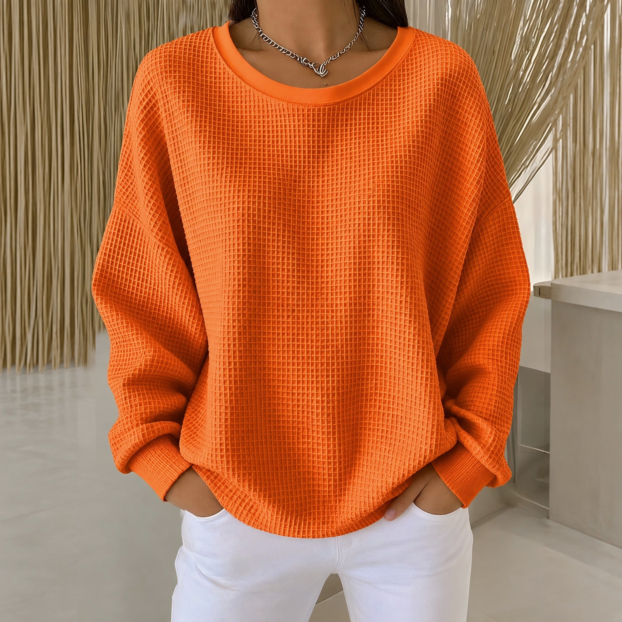 Rachel classic waffle knit jumper in Orange, view 3