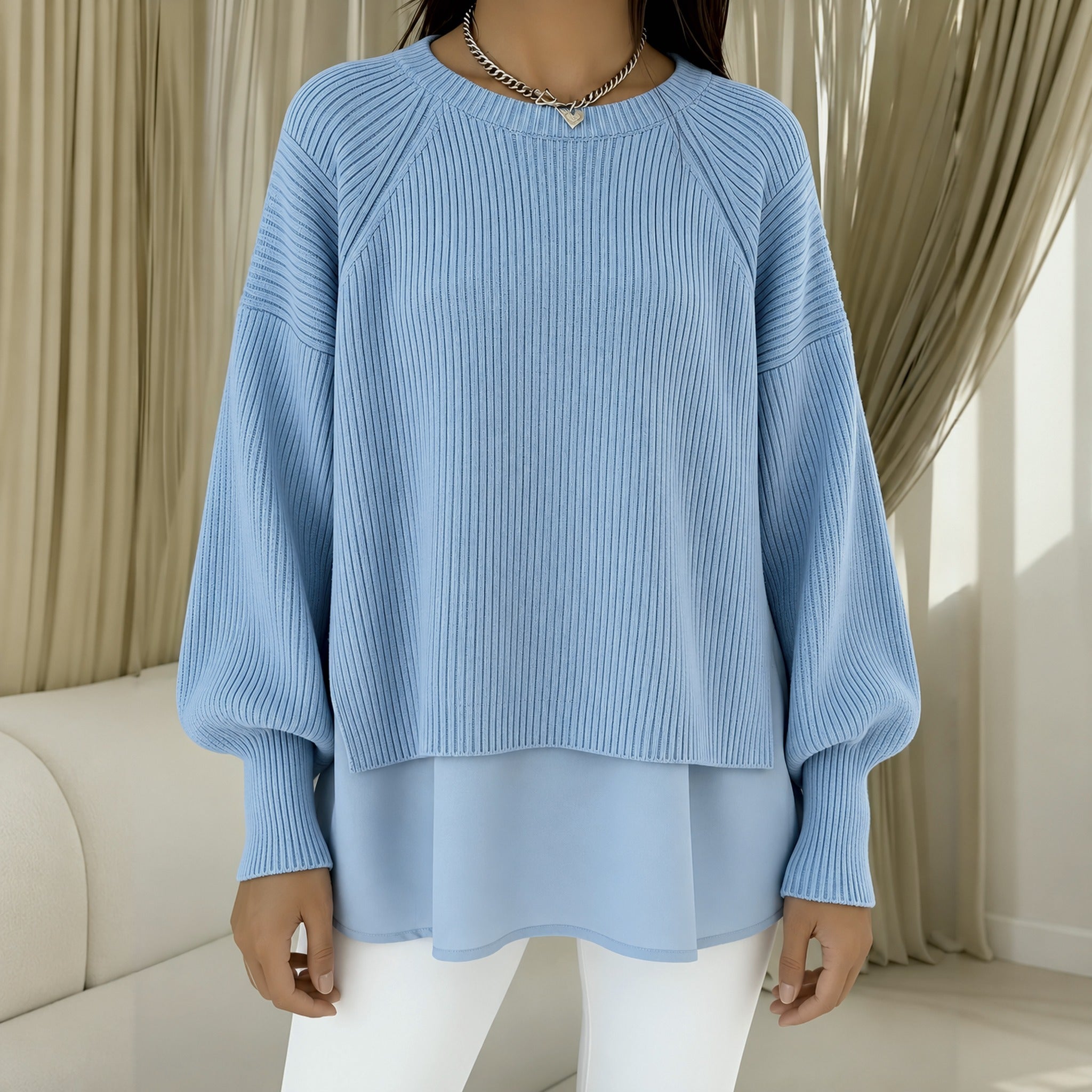 Rosie layered look knit jumper in Blue, front view