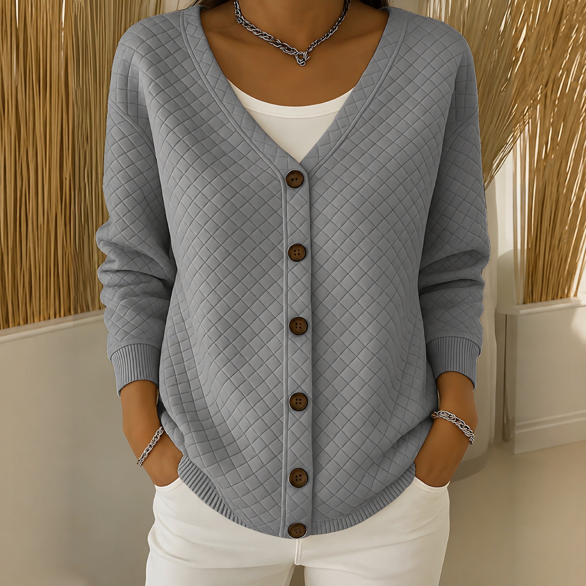 Sheila quilted button front cardigan in Grey, view 5