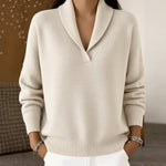 Cara shawl collar V neck jumper in Cream, front view