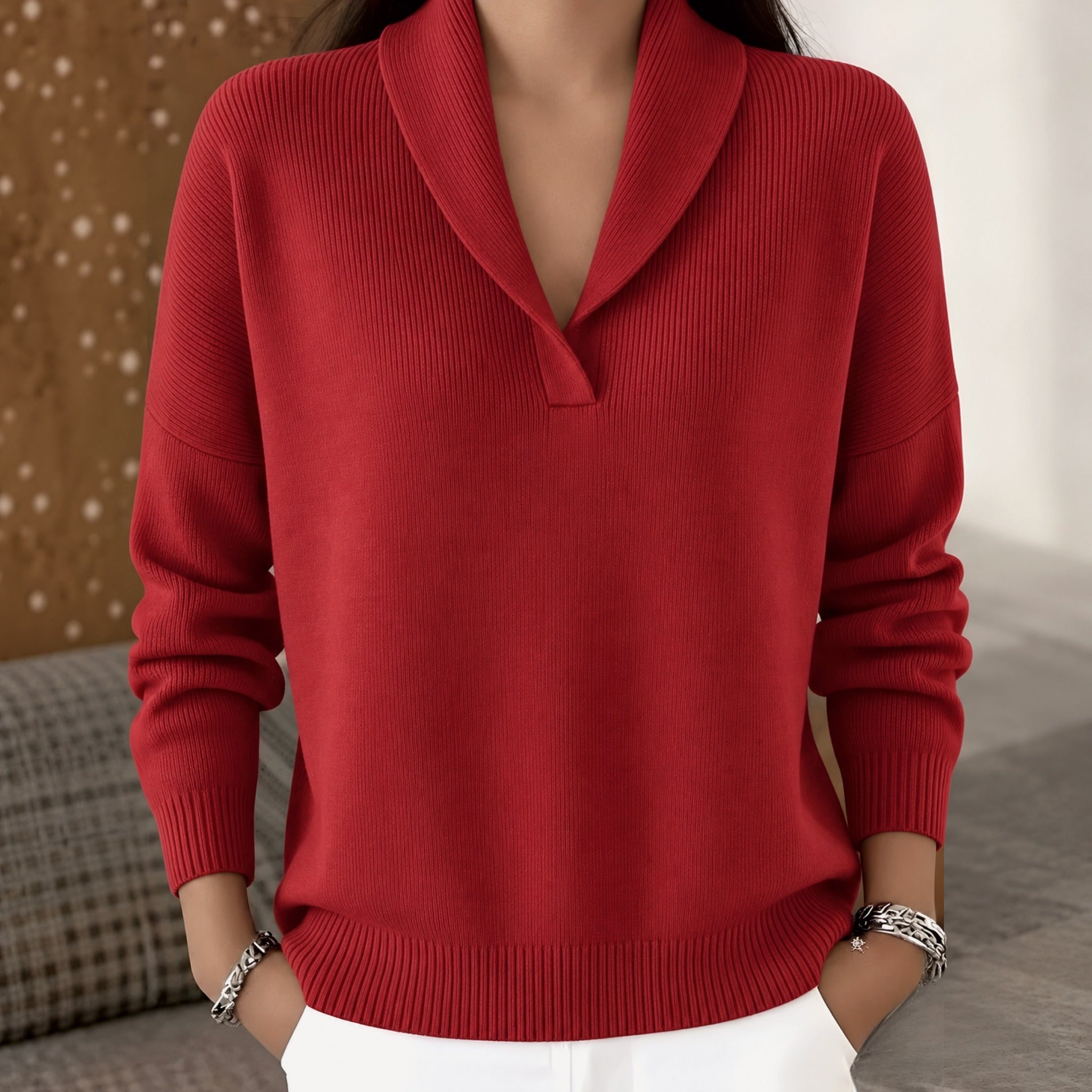 Cara shawl collar V neck jumper in Red, view 3