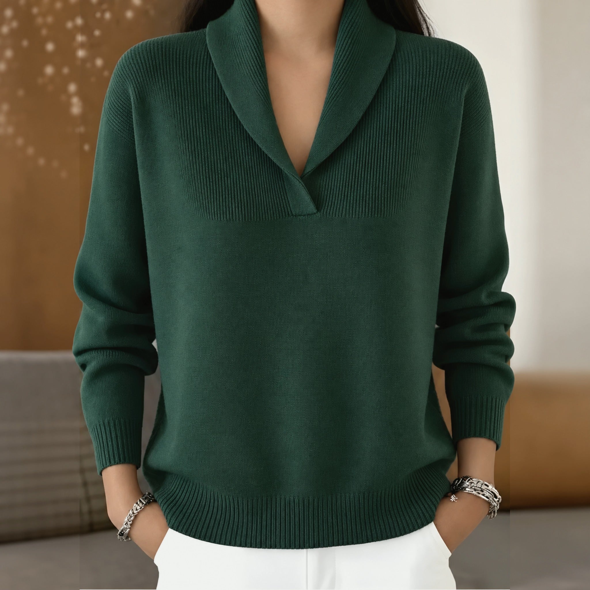 Cara shawl collar V neck jumper in Green, view 4